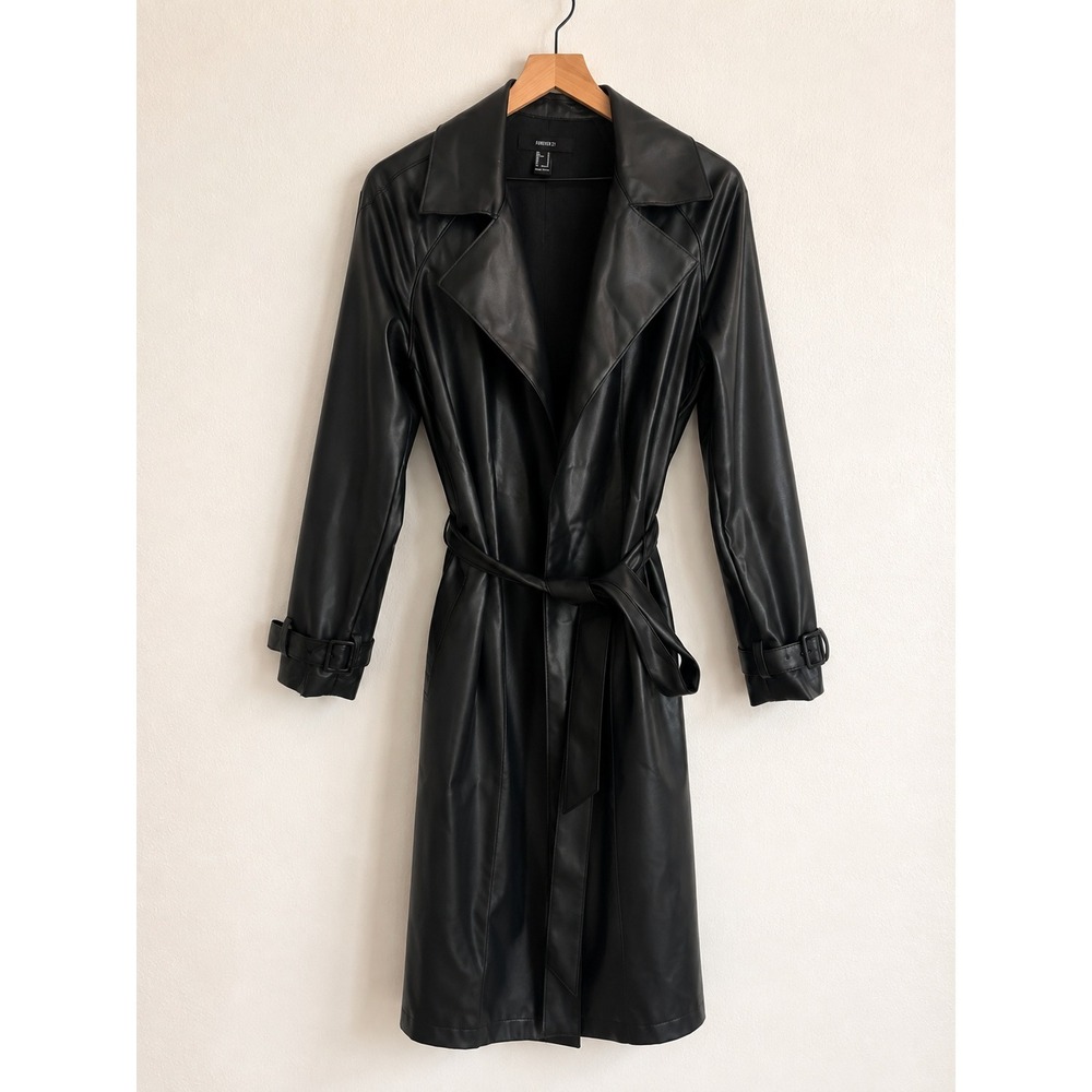 Black Trench Long Coat Womens Faux Leather Halloween Cosplay Size M - Picture 2 of 5